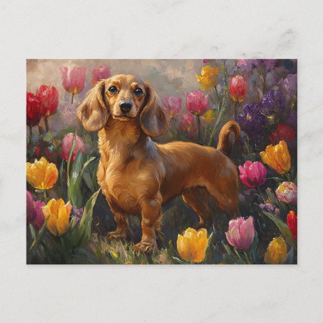 Cartão Postal Dachshund com pintura de Tulipas de Primavera (Frente)