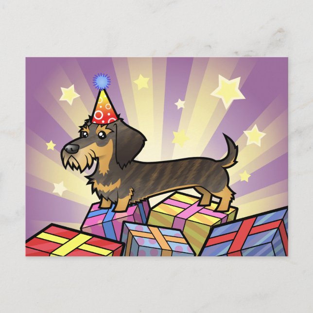 Cartão Postal Dachshund de Aniversário (pelo duro) (Frente)