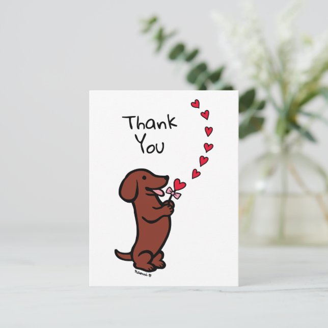 Cartão Postal Dachshund de Cabelo Liso Vermelho Corações Obrigad (Em pé/Frente)