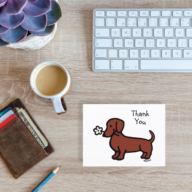 Cartão Postal Dachshund de Cabelo Liso Vermelho Tiny Flower Obri (Red Smooth Haired Dachshund Tiny Flower Thank You Card for Doxie fans.  Cute sausage dog cartoon.)