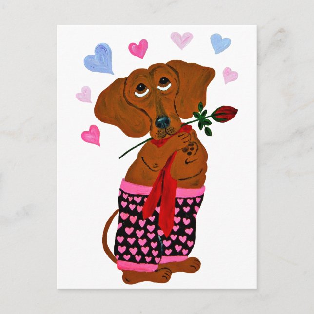 Cartão Postal Dachshund de Shorts Rosa com Corações (Frente)