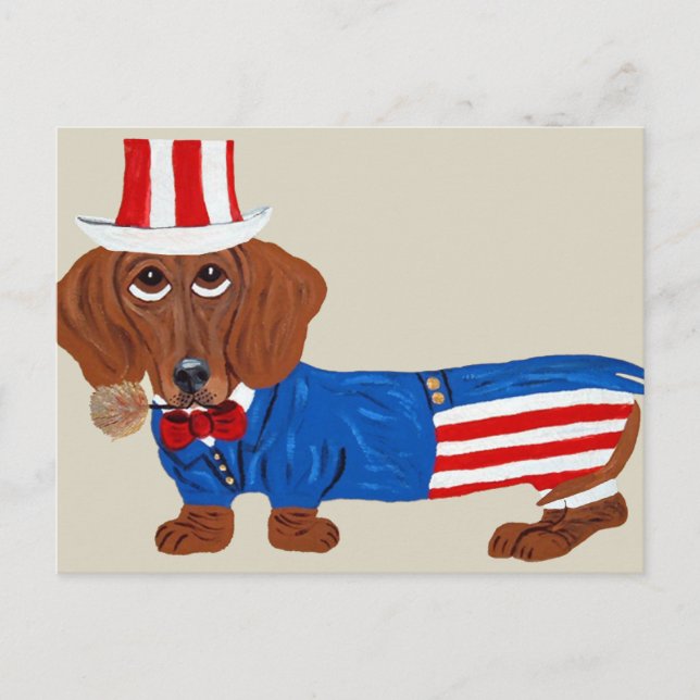 Cartão Postal Dachshund de Terno do Tio Sam (Frente)