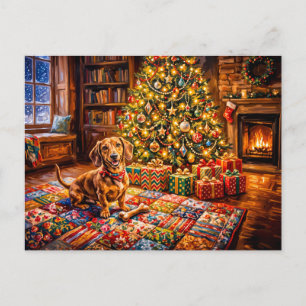 Cartão Postal Dachshund Descansando ao Lado da Árvore de Natal A