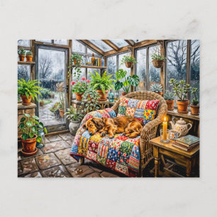 Cartão Postal Dachshund descansando em uma cadeira de retalhos d