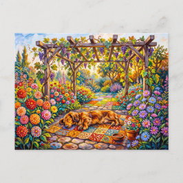 Cartão Postal Dachshund Descansando sob a Pérgola Floral do Jard