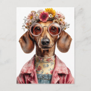 Cartão Postal Dachshund Floral com Estilo Vintage