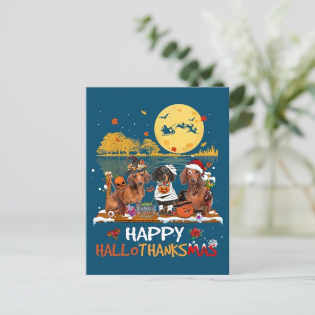 Cartão Postal Dachshund Happy Hallothanksmas Halloween Graças (Em pé/Frente)