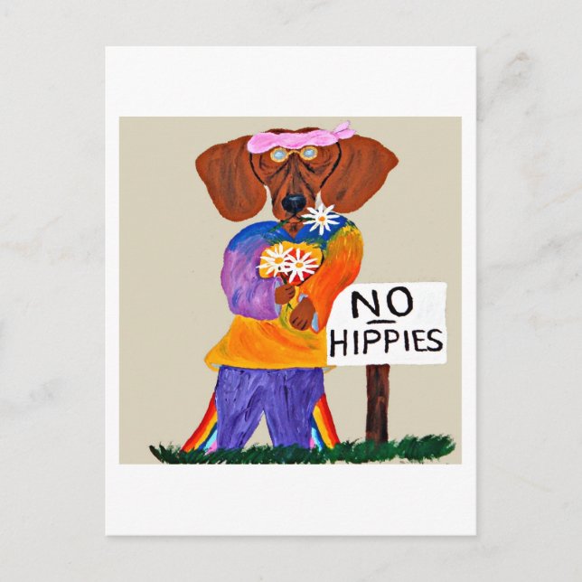 Cartão Postal Dachshund Hippie at No Hippies Sign (Frente)