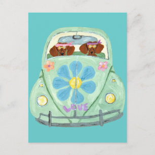Cartão Postal Dachshund Hippies Em Seu Amor Flor Móvel