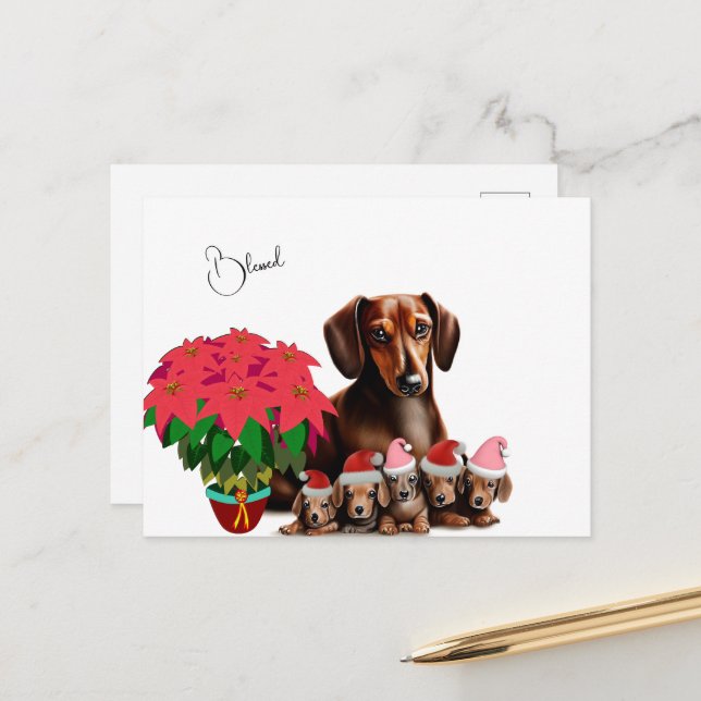 Cartão Postal Dachshund Mama e cachorrinhos de Natal (Frente/Verso In Situ)