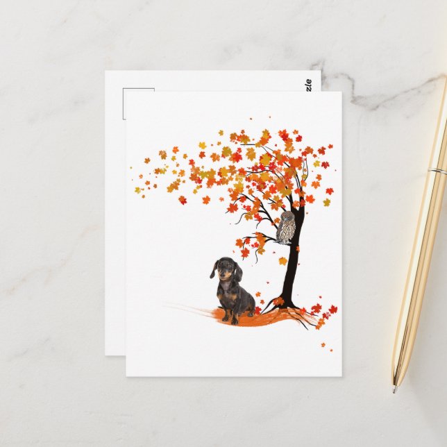 Cartão Postal Dachshund Owl E Fall Tree Dachshund Lover Outono (Frente/Verso In Situ)