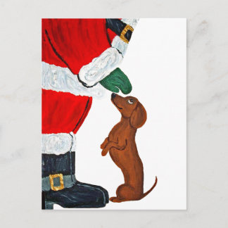 Cartão Postal Dachshund recebendo um presente do Papai Noel