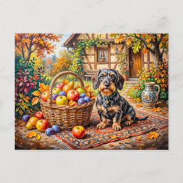 Cartão Postal Dachshund Sentado ao Lado da Cesta de Frutas Fazen