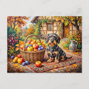 Cartão Postal Dachshund Sentado ao Lado da Cesta de Frutas Fazen