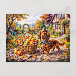 Cartão Postal Dachshund Sentado ao Lado de Maçãs Abóboras Outono