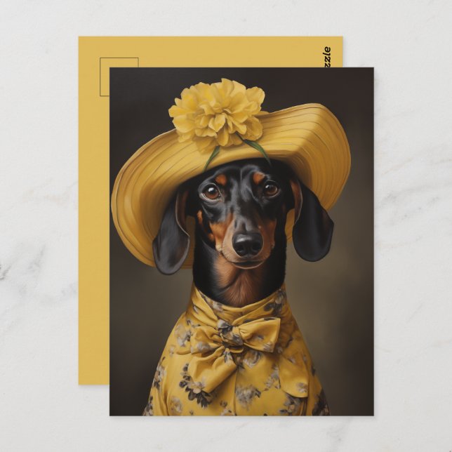 Cartão Postal Dachshund sofisticado em amarelo (Frente/Verso)