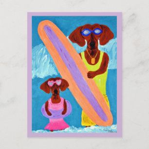 Cartão Postal Dachshund surfista com filhote