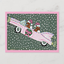 Cartão Postal Dachshunds no Natal em um conversível rosa