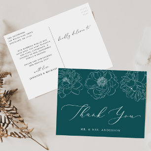 Cartão Postal Dacil Floral Teal Weding Obrigado