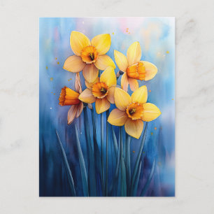 Cartão Postal Daffodils de Aquarela Fundo Azul