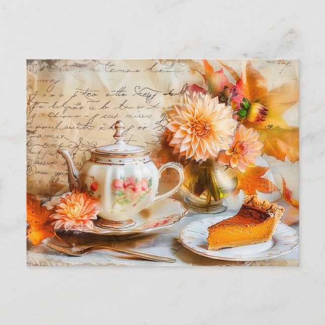 Cartão Postal Dahlia Bloom with Pumpkin Cake Slice and Teapot (Frente)