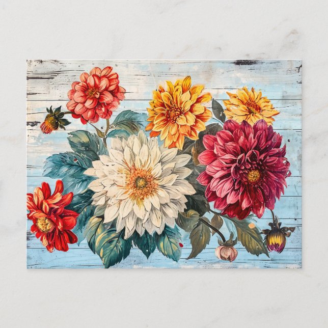 Cartão Postal Dahlia Garden Mix on Blue Wood (Frente)