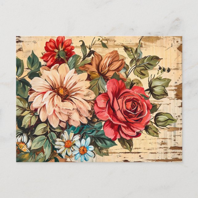 Cartão Postal Dahlias and Roses on Cracked Wooden Wall (Frente)