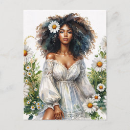 Cartão Postal Daisy Black Woman Curly Hair Summer Watercolor