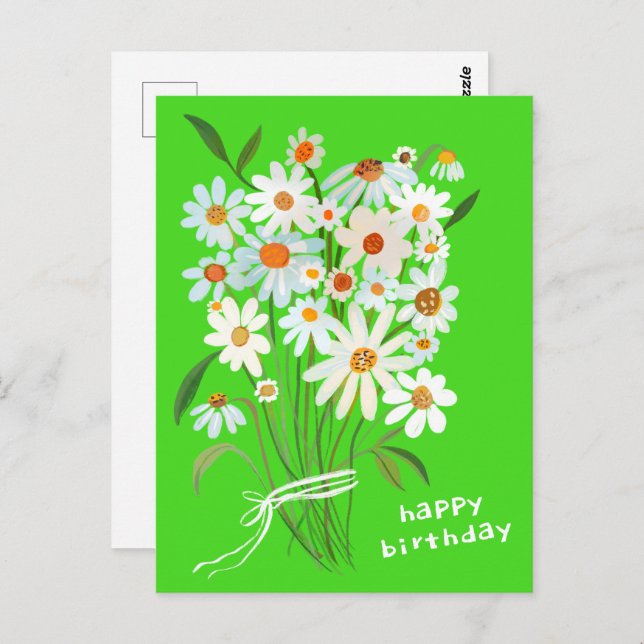 Cartão Postal Daisy Buquê Happy Birthday - Gouache Pintado (Frente/Verso)