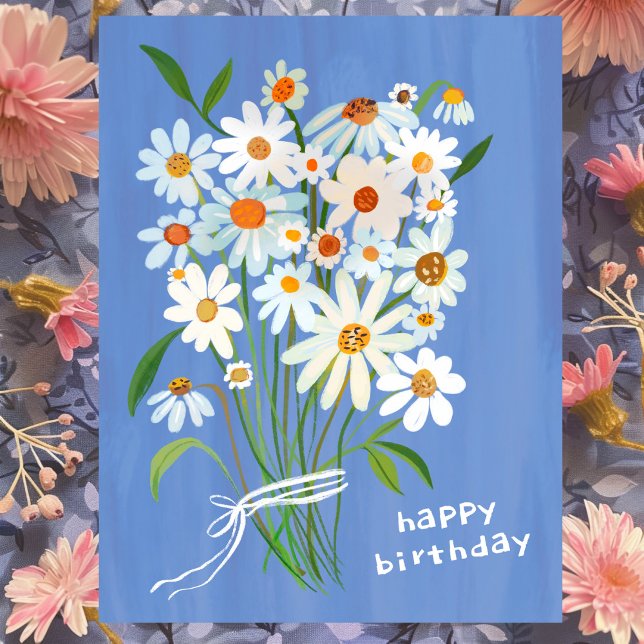 Cartão Postal Daisy Buquê Happy Birthday - Gouache Pintado (Daisy Bouquet Happy Birthday Handpainted Gouache Postcard Blue
)