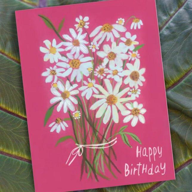 Cartão Postal Daisy Buquê Happy Birthday Pink, pintado à mão (Criador carregado)