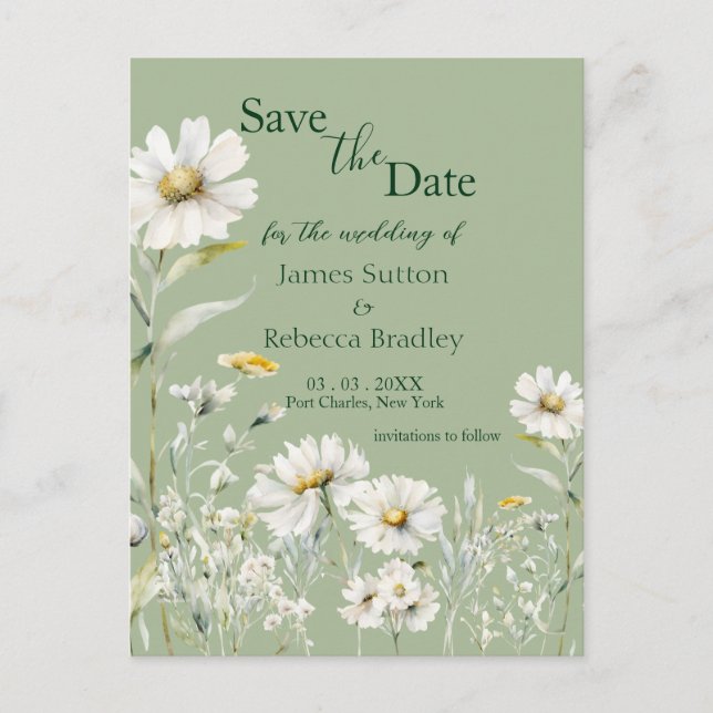 Cartão Postal Daisy Earthy Sage & Botanical  Save the Date (Frente)