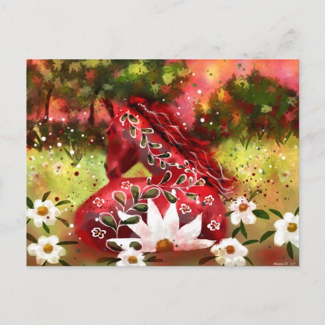Cartão Postal Daisy Horse Abstrato Art Red White Floral (Frente)