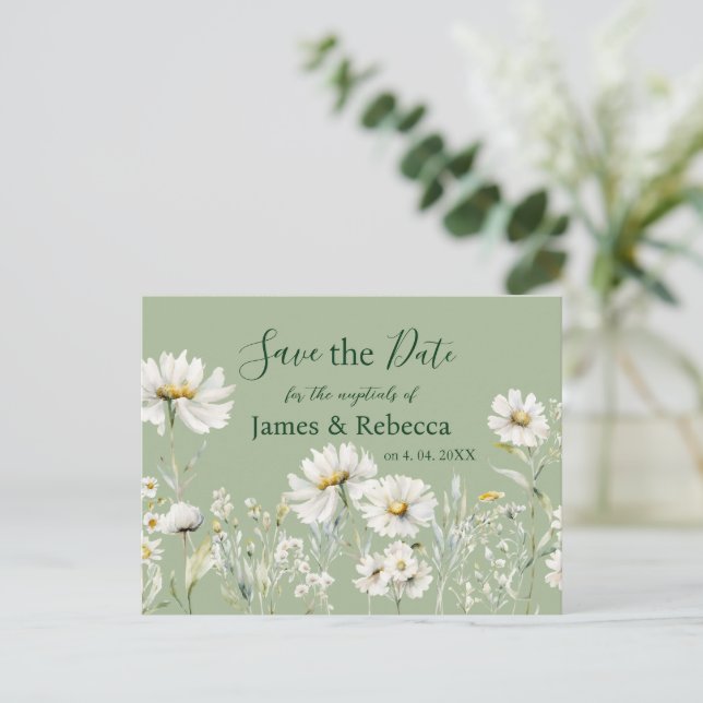 Cartão Postal Daisy Sage & Botanical Wedding Save the Date (Em pé/Frente)