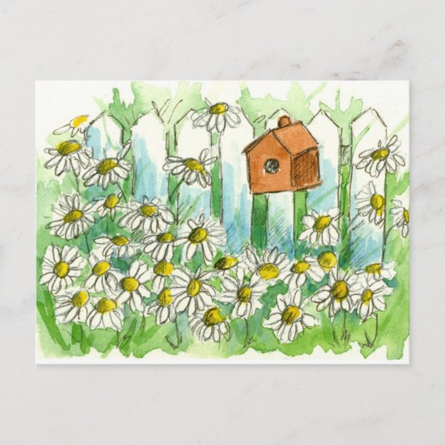 Cartão Postal Daisy Watercolor Flowers Bird House (Frente)