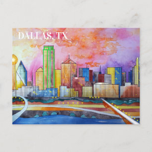 Cartão Postal Dallas, Cartão-postal de Aquarela Tx 