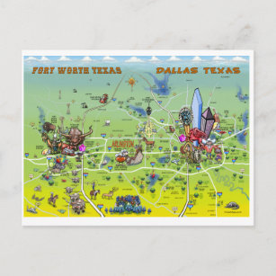 Cartão Postal Dallas Fort Worth Cartoon Map