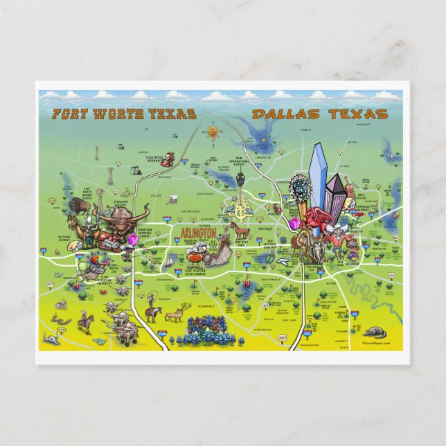 Cartão Postal Dallas Fort Worth Cartoon Map (Frente)