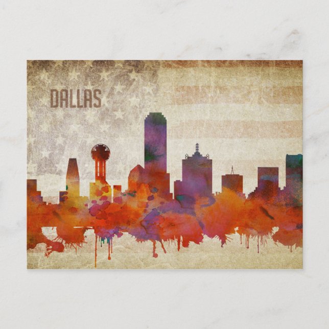 Cartão Postal Dallas, skyline da cidade da aguarela de TX | (Frente)