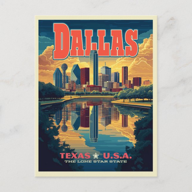 Cartão Postal Dallas Skyline Retro Viagem (Frente)