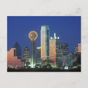 Cartão Postal 'Dallas, TX skyline à noite com Reunion Tower'