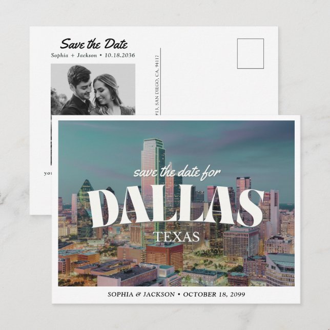 Cartão Postal Dallas Wedding Save the Date Retro Skyline (Frente/Verso)