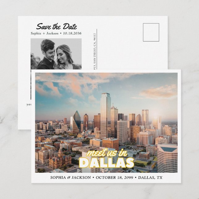 Cartão Postal Dallas Wedding Save the Date Skyline Postcard (Frente/Verso)