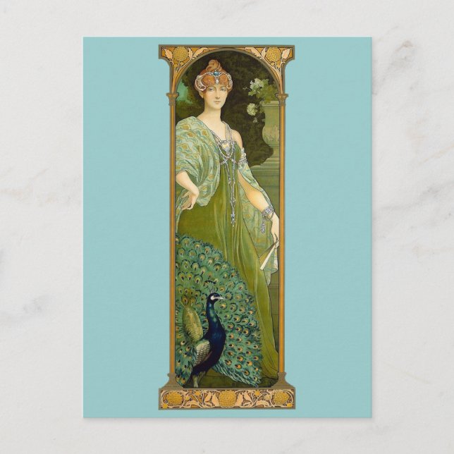 Cartão Postal Dama Art Nouveau & Ilustração Vintage de Pavão  (Frente)
