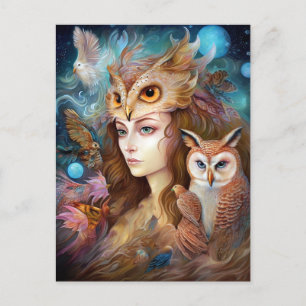 Cartão Postal Dama Com Arte de Fantasia Surrealista de Coruja