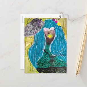 Cartão Postal Dama Com Cabelo Azul Colagem Mídia Mista