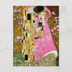 Cartão Postal Dama de Bala de Goma Rosa com Arte de Gato de Gust