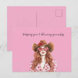 Cartão Postal Dama de Cabelo Vermelho Caubói Corações Enviando U