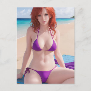 Cartão Postal Dama de cabelo vermelho em um Bikini roxo