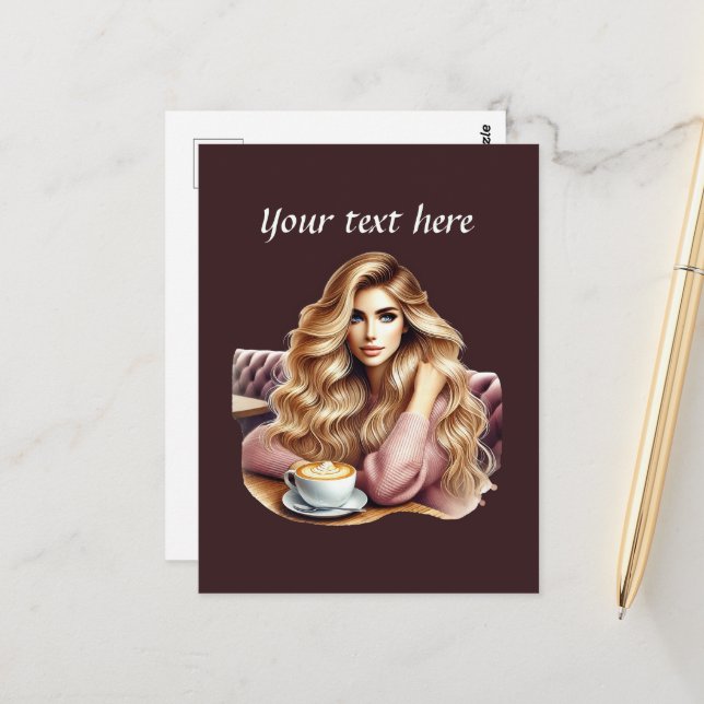 Cartão Postal Dama de café bonita adicione texto (Frente/Verso In Situ)